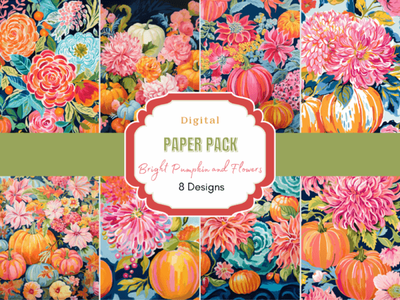 Bright Pumpkin and Flower Digital Paper: A Vibrant Addition to Autumn Creativity