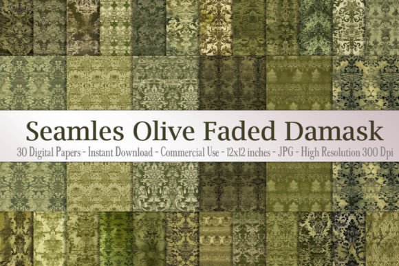 Seamless Vintage Olive Faded Damask Digital Papers