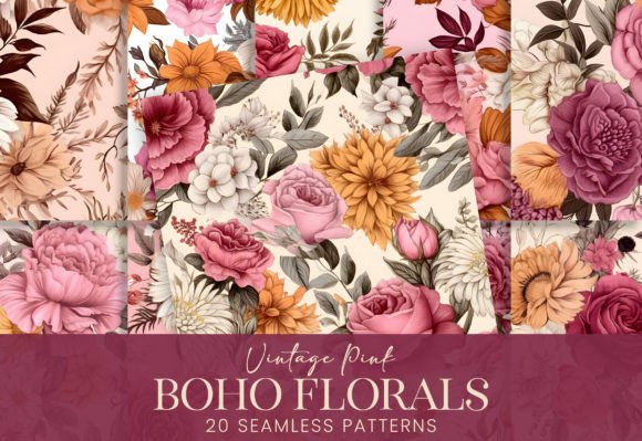 Vintage Boho Floral Illustrations Pink
